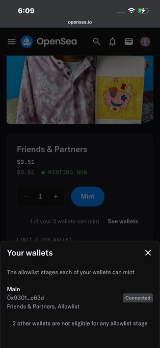A mobile screenshot of the OpenSea website showing a 'Friends & Partners' NFT minting page priced at $9.51, with a connected wallet labeled 'Main 0x9301...c63d'.