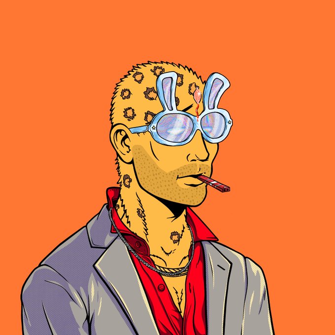 A pop-art style illustration of a man with leopard-print hair, wearing purple-tinted glasses with bunny ear attachments, a red shirt, and a gray jacket, smoking a cigarette against a solid orange background.