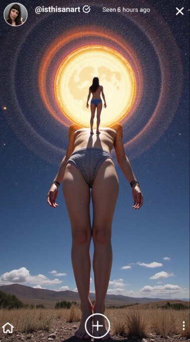 A surreal digital art piece showing a giant woman in a bikini bending over, creating an optical illusion with a smaller figure standing on her back against a glowing full moon, displayed on an Instagram story by '@isthisanart'.