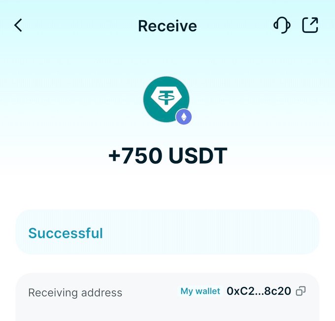 A crypto wallet 'Receive' screen showing a successful incoming transaction of +750 USDT to address 0xC2...8c20.