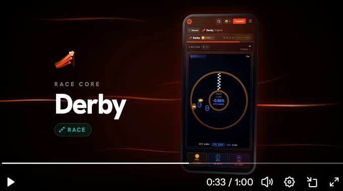 A video thumbnail for 'RACE CORE Derby' showing a mobile crypto racing game interface at 0:33 of 1:00.