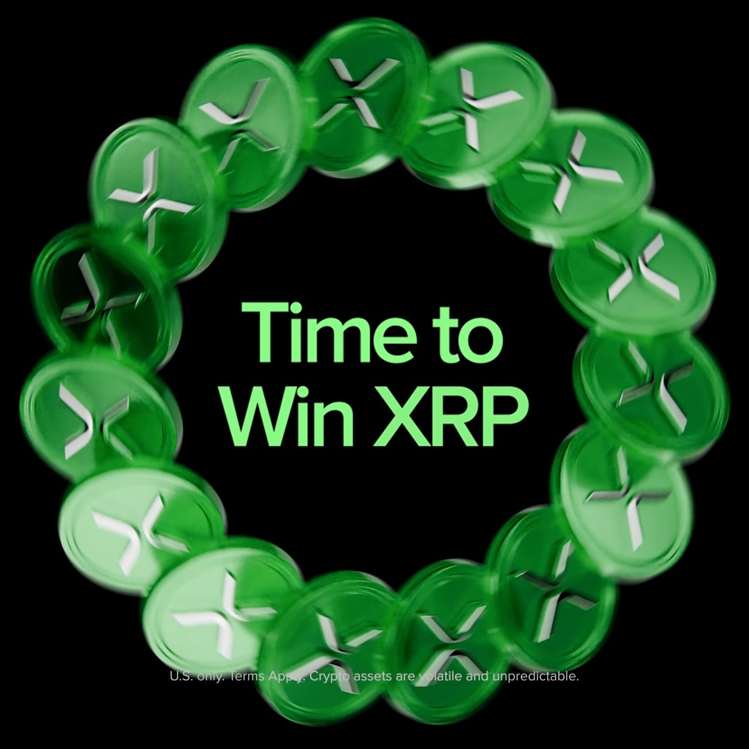 A promotional graphic featuring a circular arrangement of green XRP tokens surrounding the text "Time to Win XRP" in light green, advertising Uphold's giveaway of $100 in XRP to five followers, with a disclaimer at the bottom noting "U.S. only. Terms Apply. Crypto assets are volatile and unpredictable."