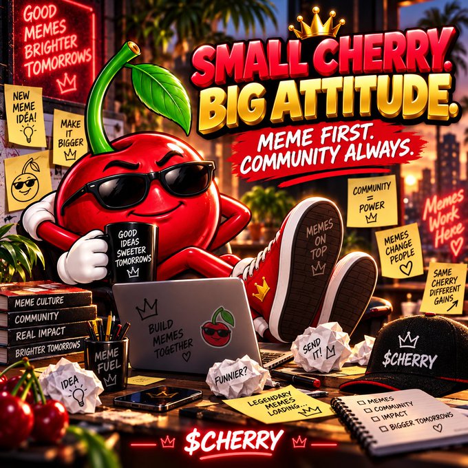 A vibrant promotional graphic featuring an animated cherry character wearing sunglasses, with the text 'SMALL CHERRY. BIG ATTITUDE.' and '$CHERRY' displayed prominently alongside various motivational notes.