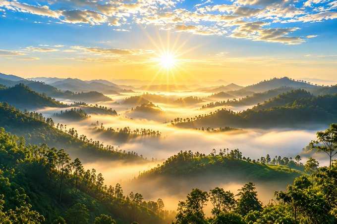 A stunning landscape photograph of mountains covered in lush green forests with sunbeams piercing through clouds and morning mist settling in the valleys.