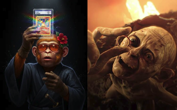 A side-by-side comparison showing two 3D-rendered monkey characters: on the left, a monkey in a blue robe holds a holographic Pokémon card while wearing orange glasses and a red flower; on the right, Gollum from Lord of the Rings holds up the One Ring with an intense gaze.