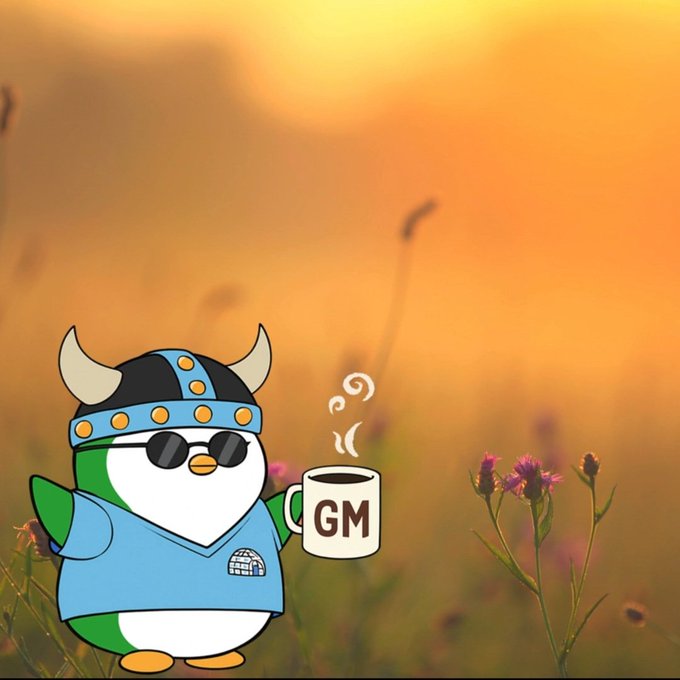 A cartoon penguin character wearing a blue Viking helmet and sunglasses, holding a coffee mug labeled 'GM', set against a sunset field with wildflowers.