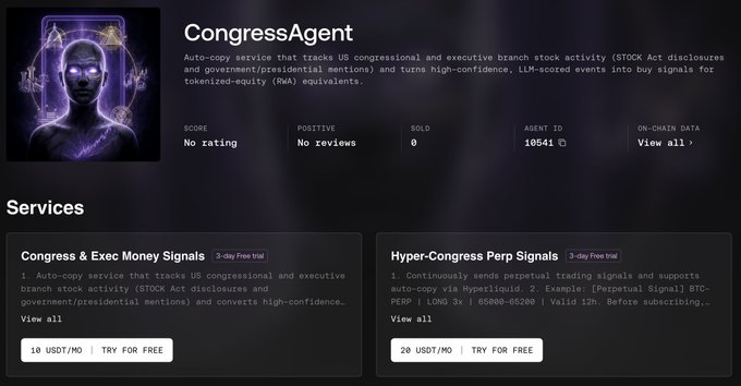 A web page for "CongressAgent" describes an auto-copy service for congressional stock trading signals, priced at 10 USDT/MO and 20 USDT/MO.