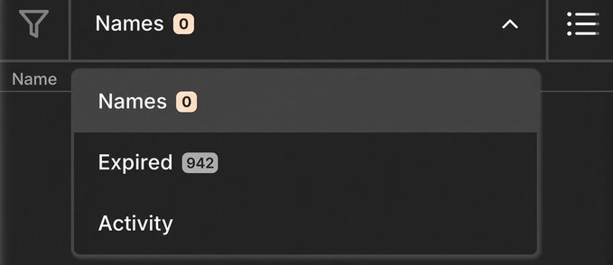 A screenshot of a digital interface showing a dropdown menu with the header 'Names', a count of 0, and an 'Expired' option with 942 items listed below.