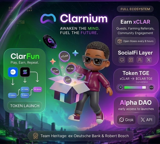 The main focus of this image is an infographic presenting the founder's story for Clarium, a cryptocurrency platform and ecosystem. The founder explains his motivation behind creating the platform while also providing details about its features. There are three characters prominently featured in the image - a boy holding a box with coins inside it, another person using a device associated with the blockchain technology, and yet another individual who seems to be playing a game on theClarium platform. Additionally, there is a city skyline visible behind the scene, which further emphasizes the nature of the platform's virtual world and its connection to real-world environments.