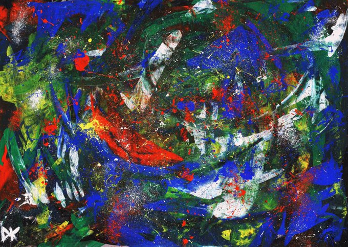 A vibrant abstract painting featuring chaotic splashes and strokes of red, blue, green, white, and yellow.