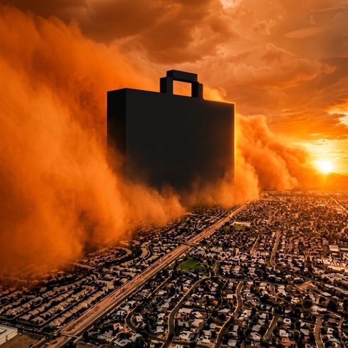 A surreal 3D-rendered scene depicting a giant black shopping bag emitting massive orange dust clouds over a sprawling suburban neighborhood at sunset.