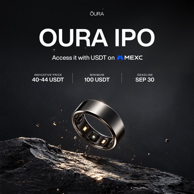 A promotional advertisement for 'OURA IPO' on MEXC exchange, showing an Oura Ring on rocky terrain with details: Indicative Price 40-44 USDT, Minimum 100 USDT, Deadline Sep 30.