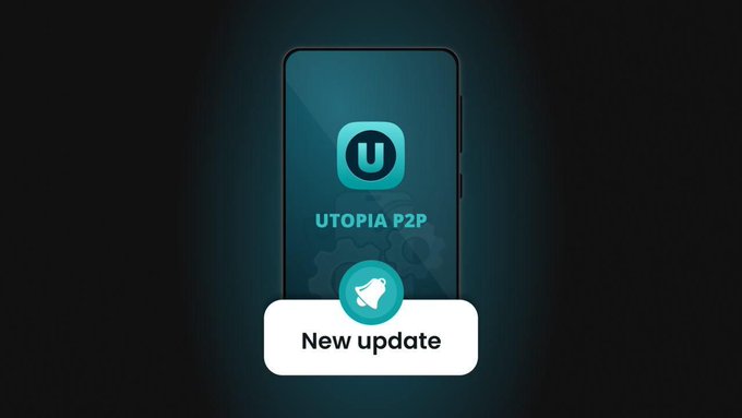 A smartphone displaying the 'UTOPIA P2P' app logo on a dark background, with a 'New update' notification badge featuring a rocket icon.