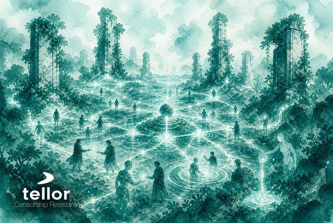 A teal-toned fantasy illustration by Tellor (Censorship Resistance) showing robed figures standing on a glowing geometric grid pattern surrounded by ancient pillars and lush vegetation.