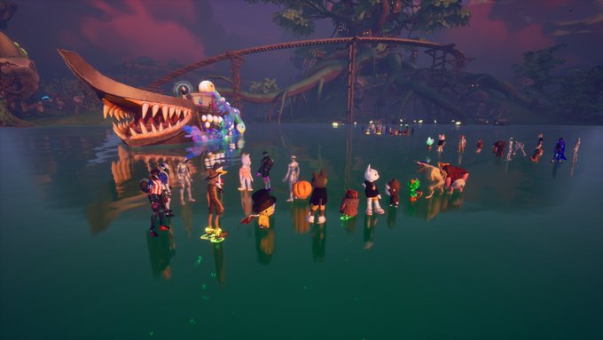 Fantasy video game scene featuring a line of diverse characters standing in shallow water, facing a large monster with sharp teeth and glowing eyes.