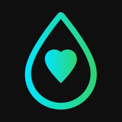 A simple icon featuring a teal-to-green gradient water droplet with a heart shape in the center on a black background.
