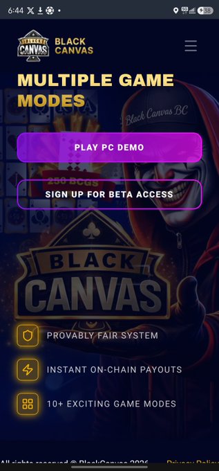 A mobile landing page for 'Black Canvas BC' featuring a masked figure, promoting 'Multiple Game Modes' with buttons to play PC demo and sign up for beta access.