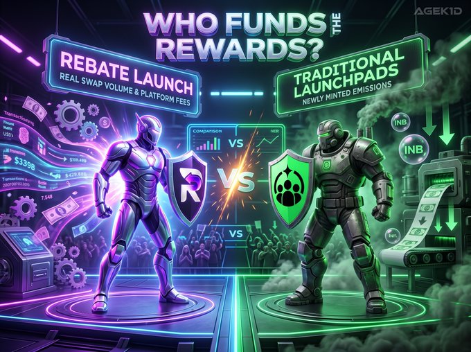 A colorful crypto-themed illustration shows two armored figures facing off beneath the headline “WHO FUNDS THE REWARDS?” with side labels including “REBATE LAUNCH,” “TRADITIONAL LAUNCHPADS,” and “INB.”