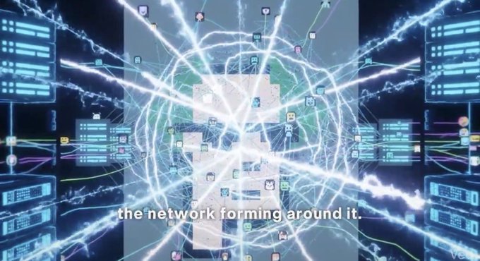 A glowing digital visualization shows interconnected nodes and pathways forming a network around a central map, with the text 'the network forming around it.'