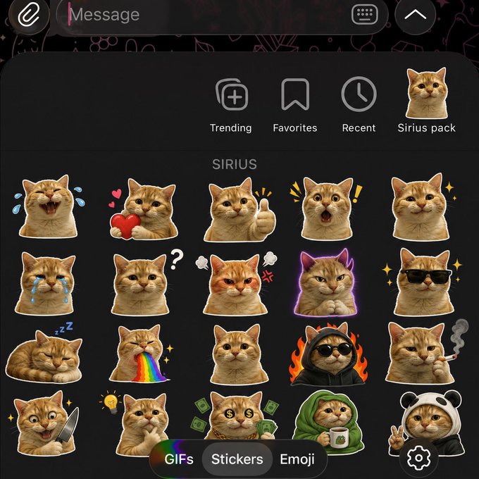 A screenshot of a messaging app's sticker/GIF picker showing the "Sirius pack" featuring an orange cat in various poses and expressions.