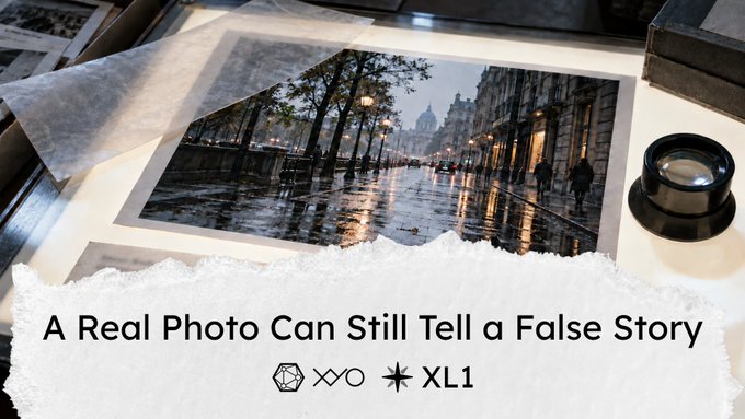 A photograph of a Parisian street scene with the dome of a building in the background rests on a desk, overlaid with text reading "A Real Photo Can Still Tell a False Story" alongside dice and XL1 symbols.