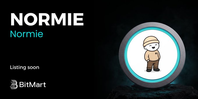 The image is a promotional graphic announcing that BitMart will soon list the NORMIE token ($NORMIE), featuring a cartoon mascot character in a beanie and brown outfit displayed within a glowing circular frame, with the "NORMIE" name and "BitMart" logo prominently shown alongside the "Listing soon" text.