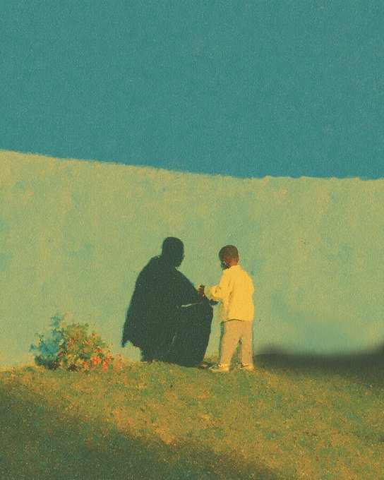 A child in a yellow sweater stands facing a tall, dark-cloaked figure in an impressionistic painting with a teal sky and muted yellow landscape.
