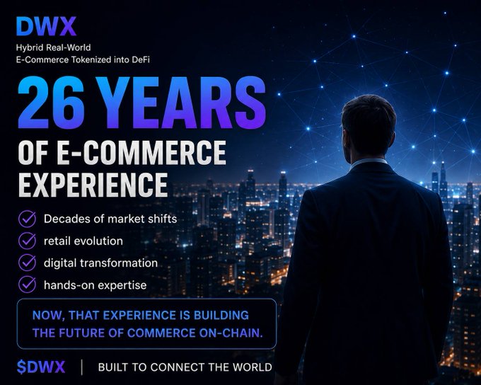 A promotional graphic with the heading 'DWX', 'Hybrid Real-World E-Commerce Tokenized into DeFi', and '26 YEARS OF E-COMMERCE EXPERIENCE', alongside a silhouette of a man looking at a glowing, futuristic cityscape.