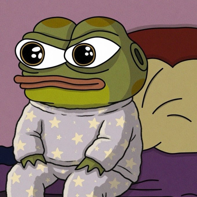 A cartoon image of a sad-looking green frog wearing star-patterned pajamas, sitting on a bed.