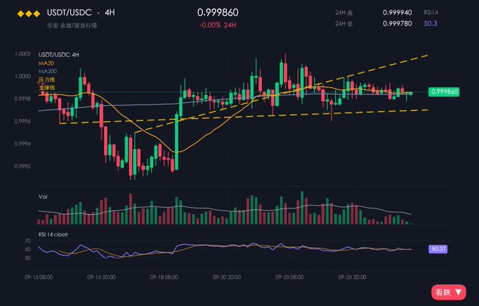 A 4-hour candlestick chart for the USDT/USDC trading pair on a crypto exchange, showing the price consolidating around 0.9998 with MA-20, MA-200, and a 'bullish support line' marked, along with Volume and RSI indicators below.