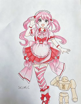 An anime-style hand-drawn illustration of a pink-haired maid character with the signature 'Seismic' alongside a small Japanese-style mascot figure.