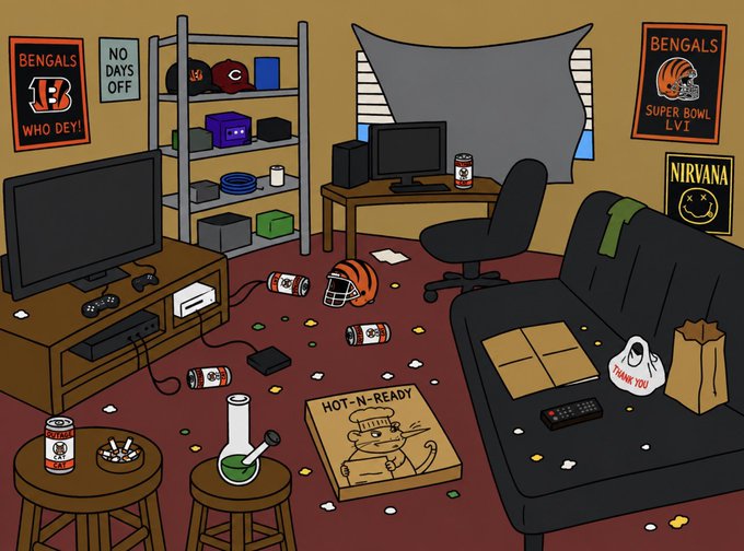 An illustrated cartoon of a messy room/bachelor pad decorated with Cincinnati Bengals and Nirvana posters, featuring scattered beer cans, pizza boxes including a 'HOT-N-READY' Little Caesars box, a football helmet, and gaming setups.