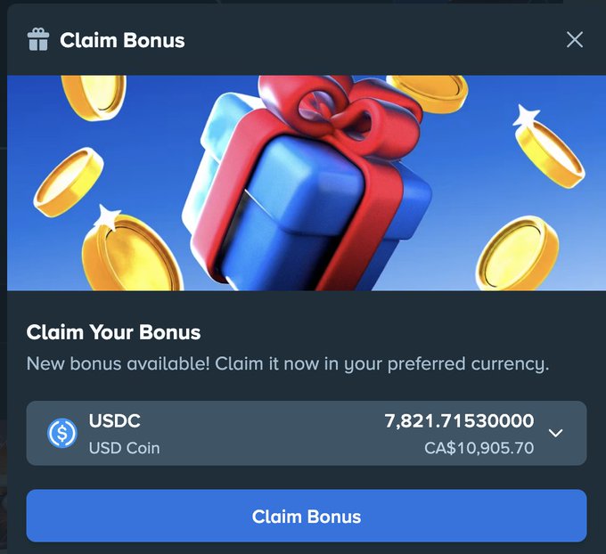A "Claim Bonus" popup displays 7,821.71530000 USDC (CA$10,905.70) available for redemption with a blue gift box and gold coins graphic, seemingly promoting the user's monthly leaderboard winnings from @Stake. The bonus claim window visually reinforces the "$150,000 leaderboard live" achievement mentioned in the post.