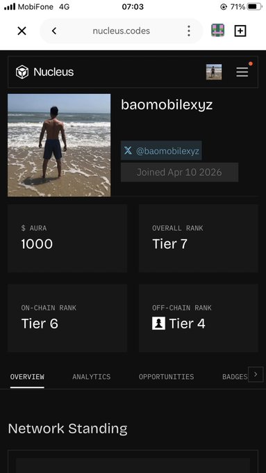 A mobile browser screenshot of the nucleus.codes website showing a user profile for 'baomobilexyz' with an AURA score of 1000, Overall Rank Tier 7, On-Chain Rank Tier 6, and Off-Chain Rank Tier 4, joined April 10 2026.