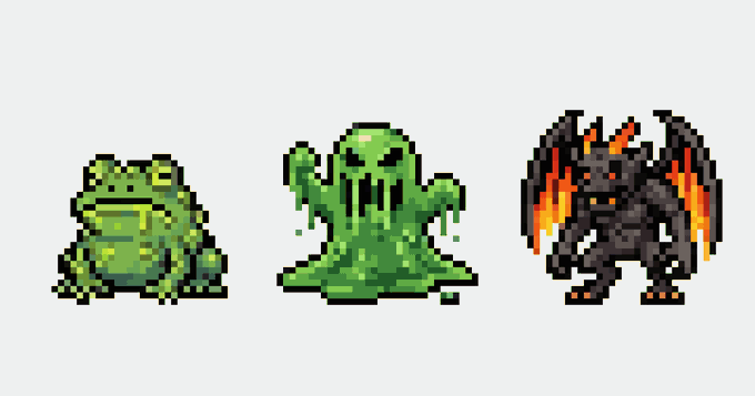Pixel art sprites of three creatures: a green toad-like creature, a green slime monster with raised arms, and a dark demonic figure with fiery orange wings.