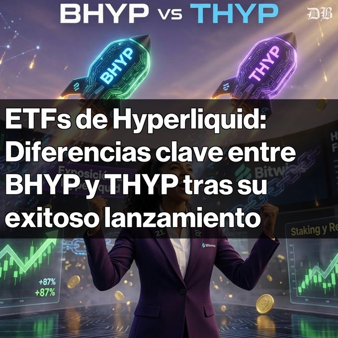 In this image, there are two figures - one woman wearing a purple suit standing over a computer screen with a gold token symbol above her head, and another person holding up a coin over their head. The text on the scene reads "EFTs de Hyperliquididad: Differencias clave entre BHYP y THYP. BHYP y THYP y ... su exposición regulada al token HYPE. Disparan flujos de más de 22 millones de dólares en ...", which is the title of an article or a blog post about cryptocurrencies, specifically focusing on Bitcoin exchanges such as BHYP and THYP. The author emphasizes that Bitcoin Liquidity represents the difference between these two exchanges and their roles in the cryptocurrency market.