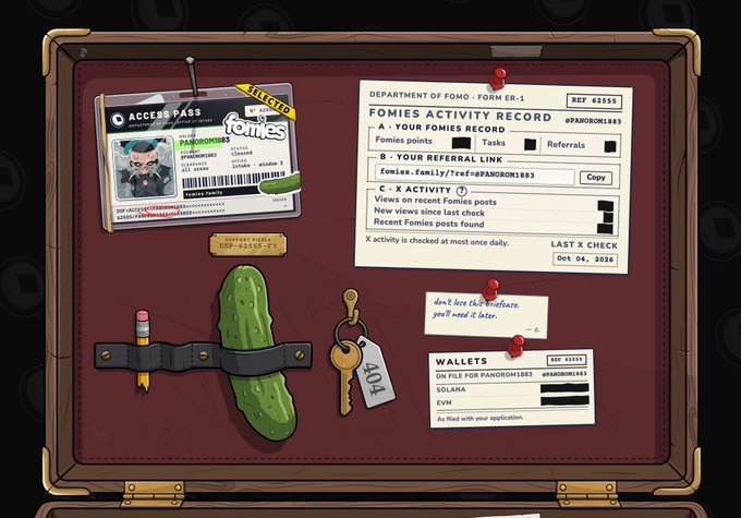 An illustrated image showing a wallet/briefcase contents featuring a Fomies Access Pass, activity record, referral link (@PANOROMI883), and Solana/EVM wallets for the Fomies project.