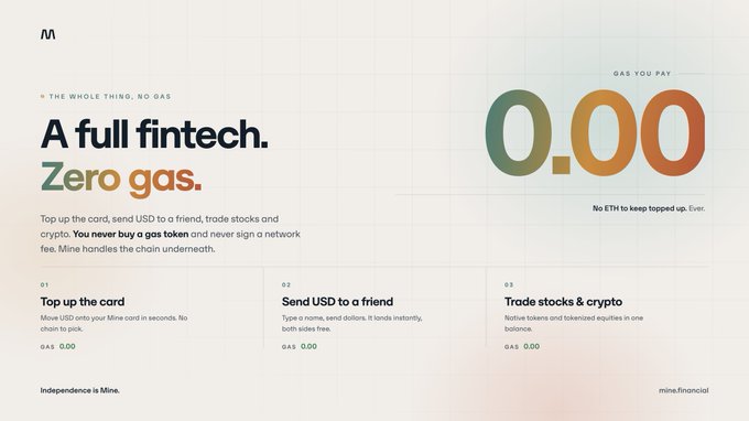 A promotional webpage for 'Mine' financial card advertising 'A full fintech. Zero gas.' with 0.00 gas fees for topping up the card, sending USD, and trading stocks and crypto.