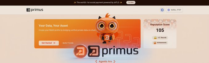 A screenshot of the "primus" website featuring an orange mascot, a banner reading "Your Data, Your Asset" on Aptos, and a Reputation Score of 105.