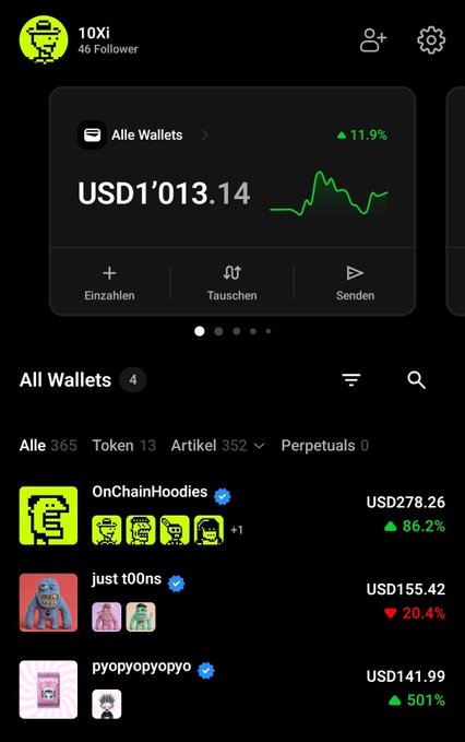 A crypto wallet app screenshot showing a balance of USD 1,013.14 (+11.9%) with holdings including OnChainHoodies USD278.26 (+86.2%), just t00ns USD155.42 (-20.4%), and pyopyopyopyo USD141.99 (+501%).