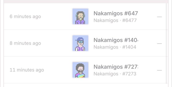 A list of three 'Nakamigos' NFT transactions, showing purchases of #6477, #1404, and #7273 made 6, 8, and 11 minutes ago respectively, with pixel-art profile images.