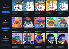 A screenshot of a website displaying a grid of various cartoon and ape character NFT profiles.