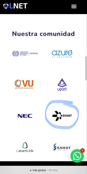A mobile screenshot of the LNET website showing a 'Nuestra comunidad' (Our community) page featuring logos for OIT/CINTERFOR, Azure El Salvador, OVU, Uport, NEC, QUANT, LatamLink, and Kamay Ventures, with a WhatsApp notification bubble in the bottom right.