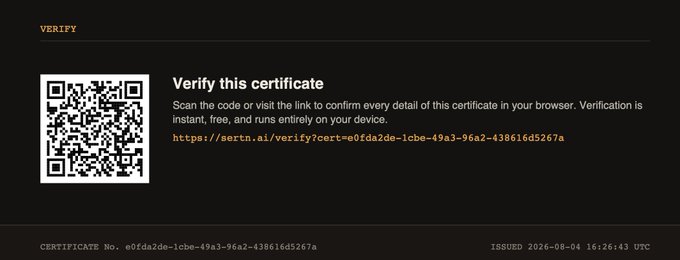 A certificate verification screen displaying a QR code, a URL (https://sertn.ai/verify?cert=e0fda2de-1cbe-49a3-96a2-438616d5267a), the certificate number, and an issued date of 2026-08-04.
