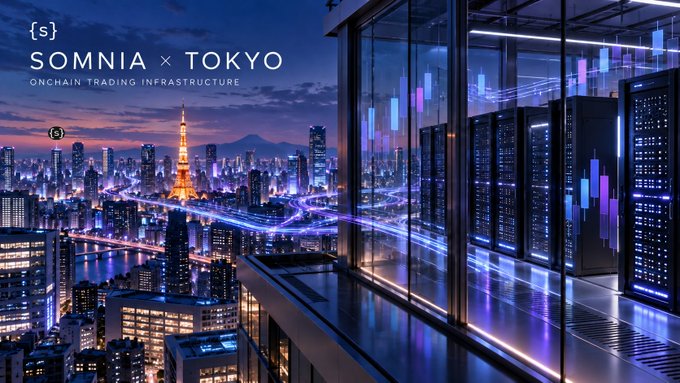 Promotional graphic reading '{s} SOMNIA x TOKYO ONCHAIN TRADING INFRASTRUCTURE' overlaid on a nighttime cityscape featuring Tokyo Tower and server racks.