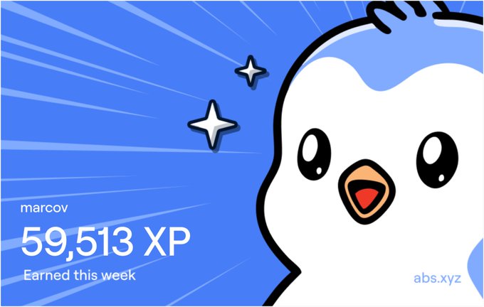 Blue-themed Abstract XP card for user 'marcov' showing 59,513 XP earned this week with a cute penguin mascot and stars, abs.xyz logo.
