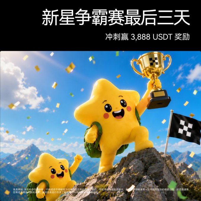 A cheerful yellow star mascot triumphantly holds a golden trophy atop a mountain peak under a bright blue sky, with a black flag planted nearby and confetti raining down, alongside a smaller star cheering from below. The Chinese text reads "新星争霸赛最后三天" (New Star Competition Final Three Days) and "冲刺赢 3,888 USDT 奖励" (Sprint to win 3,888 USDT reward), promoting the final days of the trading competition. The celebratory imagery reinforces the post's message about racing toward the leaderboard finish and claiming the prize before the August 3 deadline.