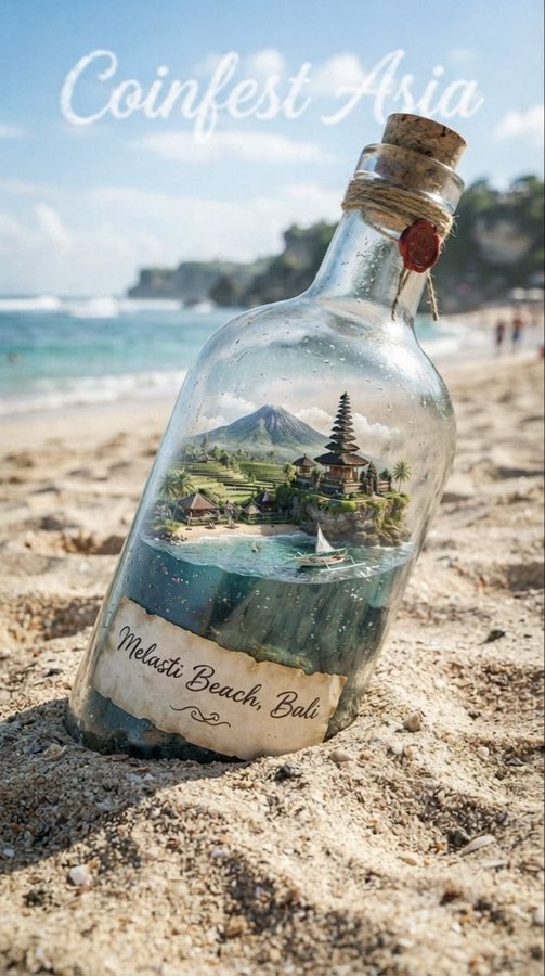 A glass bottle sits on a sandy beach containing a miniature tropical scene with a temple, volcano, and sailboat, labeled "Melasti Beach, Bali" with "Coinfest Asia" text in the background.