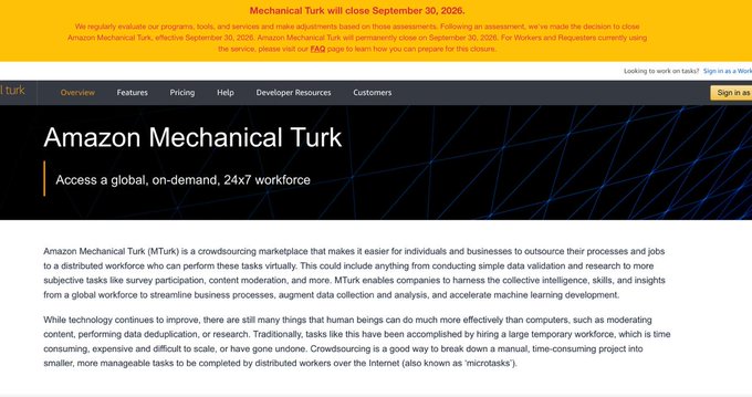 A screenshot of the Amazon Mechanical Turk website showing an announcement that 'Mechanical Turk will close September 30, 2026' in an orange banner at the top.
