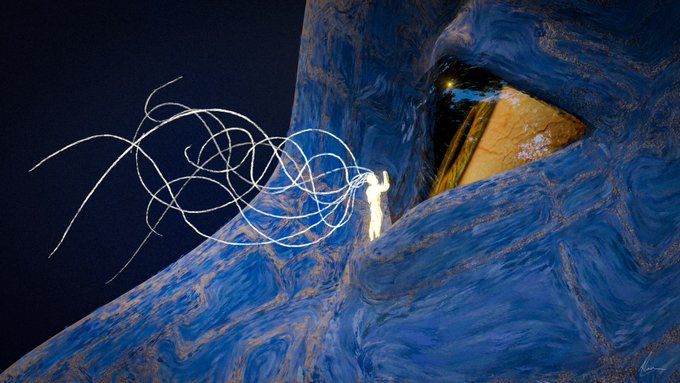 Digital artwork showing a small white figure on a blue swirling landscape blowing white lines toward a golden doorway in a cave.